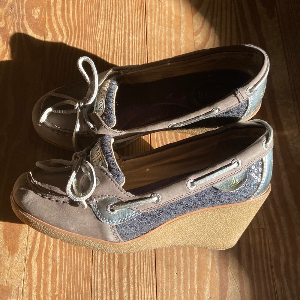 sperry topsider,  (wedge heeled loafers with metallic sequence.)